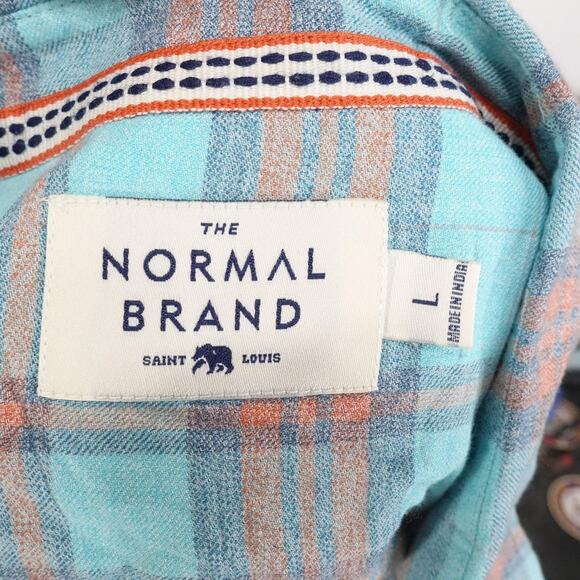 The Normal Brand Shirt Mens Large Blue Orange Plaid Short Sleeve Button Down - Picture 6 of 8